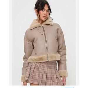 Princess Polly Henessy Faux Leather Shearling Bomber Jacket Beige